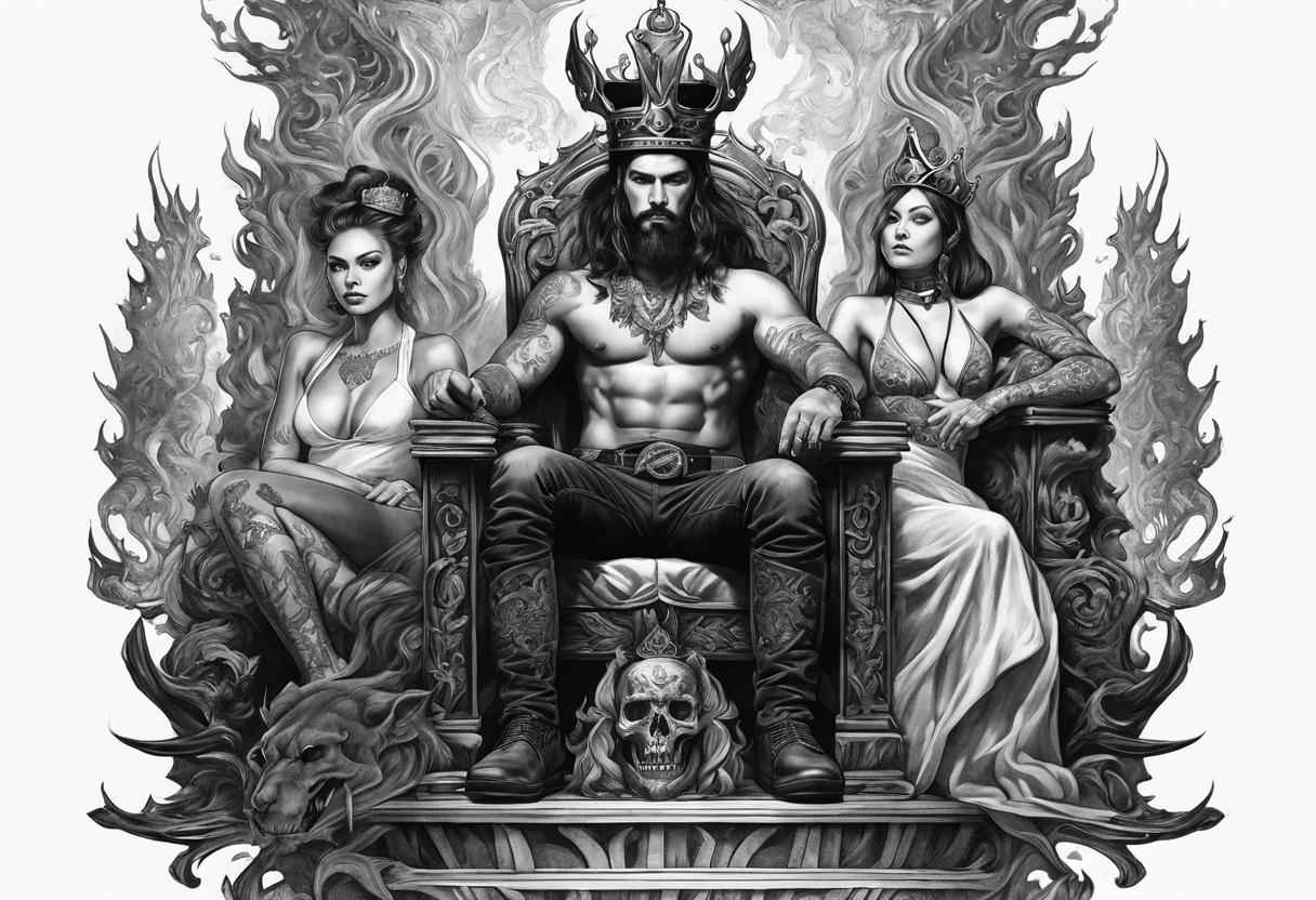 A man wearing a black crown and and a women on a throne in Hell sitting on skulls with flame above tattoo idea