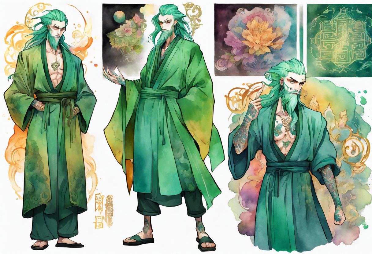 A tall, slender, beautiful man with green skin, He is tall and slender, with pale green skin, long rainbow hair, and a gold and green beard. Amber colored eyes. Wearing a teal monastic robe. tattoo idea