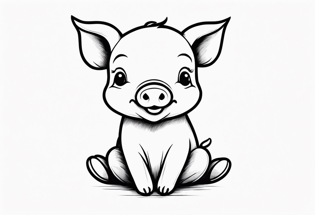 cute simple piglet sitting on bum. big eyes, small/floppy ears. thin lines minimal shading, black and white only, with text "friends not food", white background tattoo idea