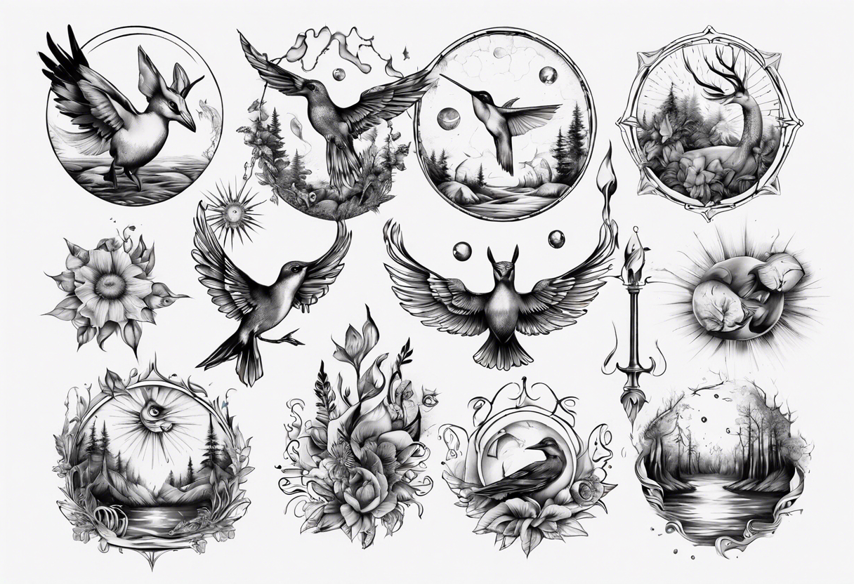 Wasser, Nymphe, Fisch, Hirsch, Wald, Waffe, Sonne, Kolibri tattoo idea