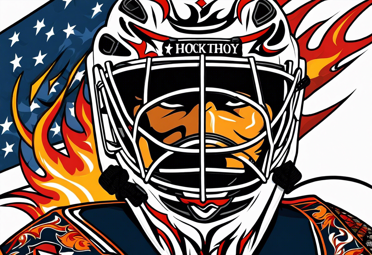 a puck hitting a goalie mask with crossed hockey sticks and flames that says "SHOT HOCKEY" tattoo idea