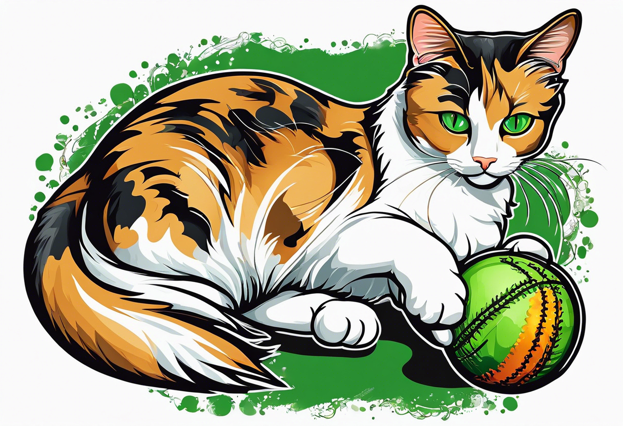 Calico cat with green eyes playing with a cricket-shaped toy tattoo idea