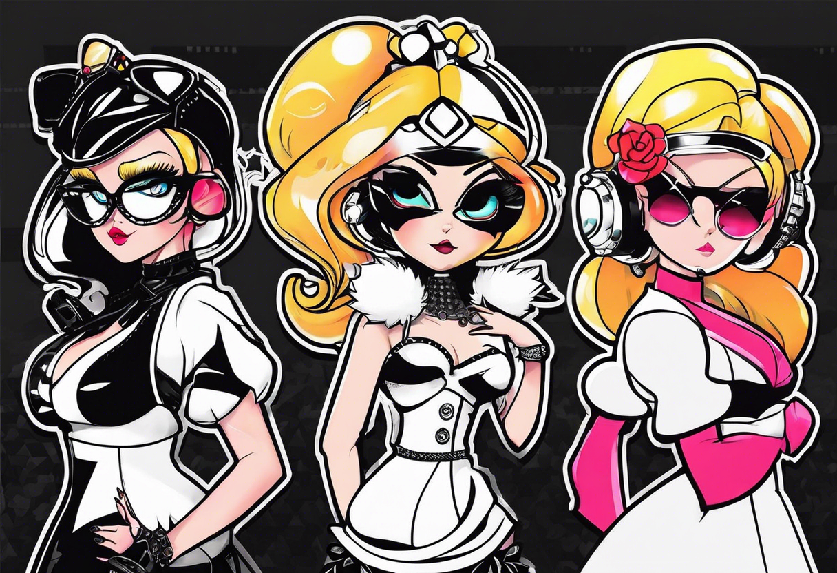 Power Puff Girls in 3 Variations one should be male and have a ascocaition zu motorcycle the 2 others should be female tattoo idea