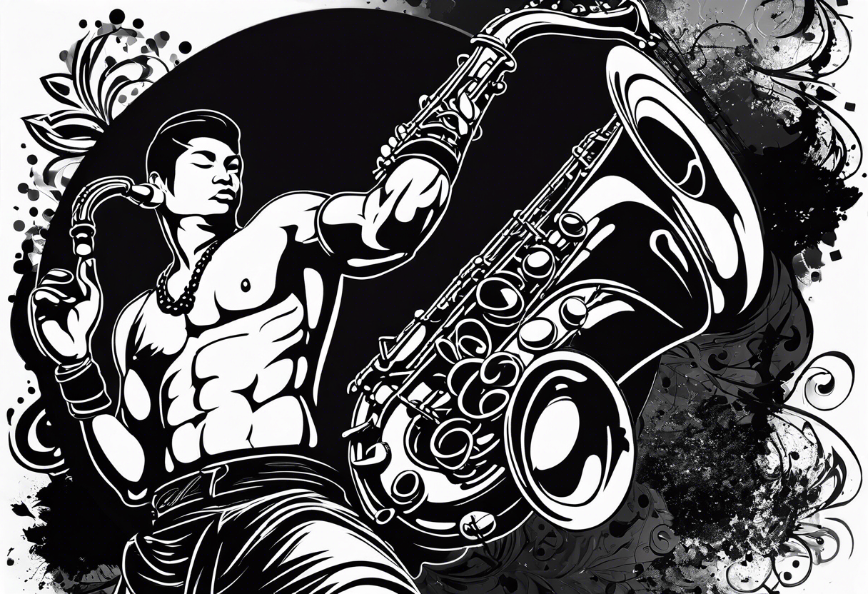 Muay Thai boxer with strong body is playing jazz on a Selmer tenor saxophone in a jazz club front of a jazz trio band. The notes are coming out from the saxophone and turning into buddhist symbols. tattoo idea