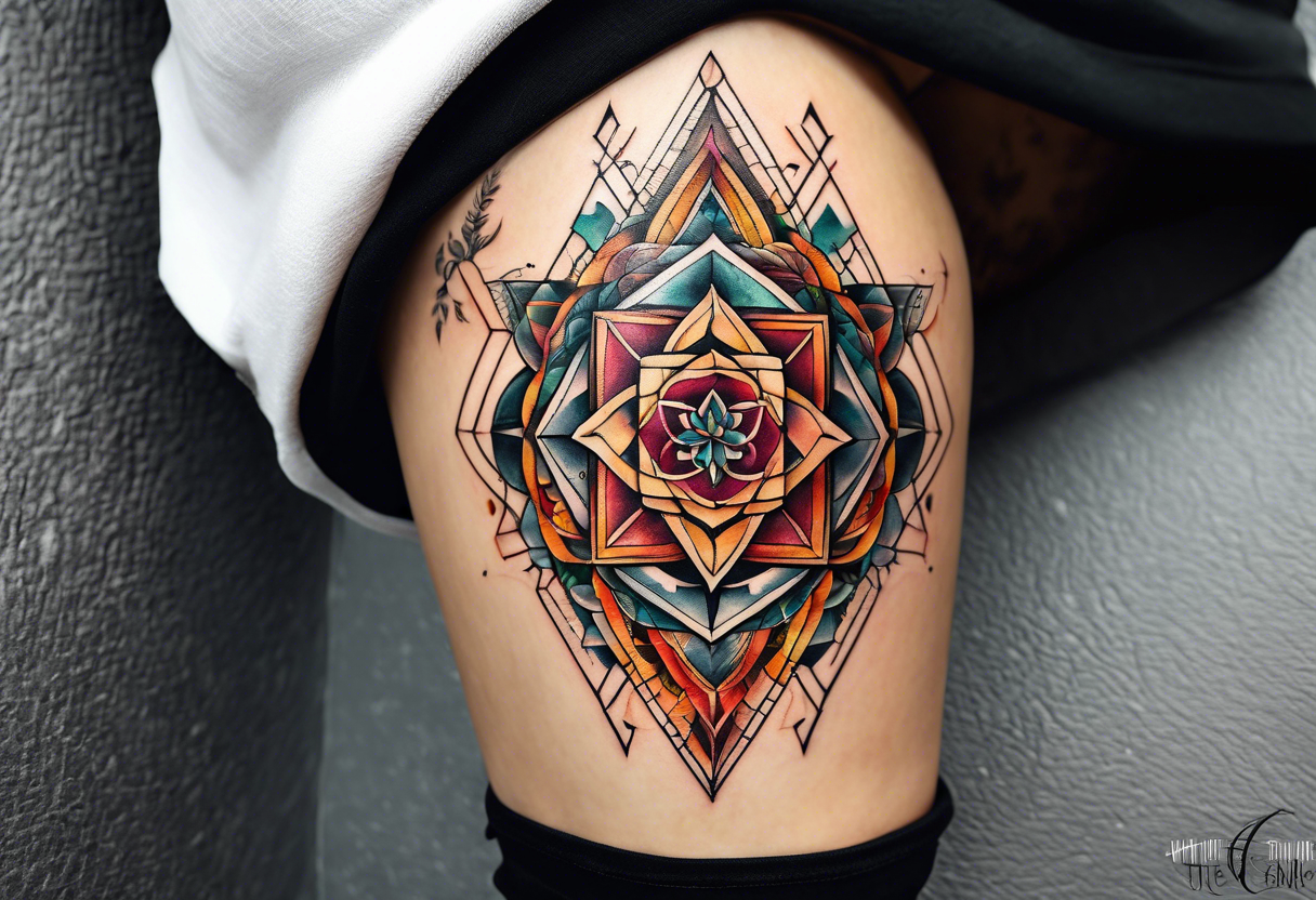 knee tattoo with sacred geometry, swirls & washes, background and in fall colors tattoo idea