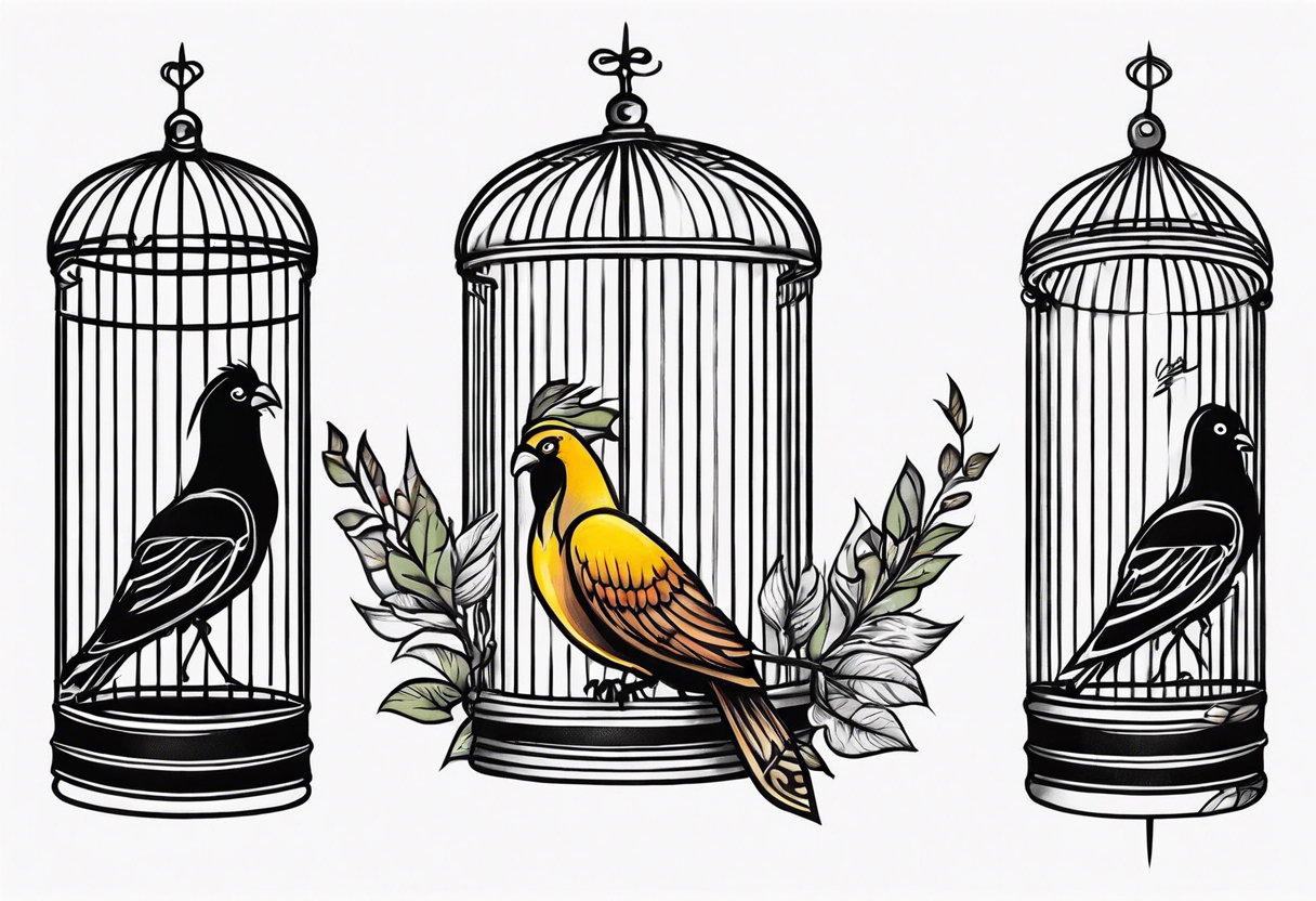 neo traditional decoration only on the left side, on the top of a long bird cage with a too big bird in it. tattoo idea