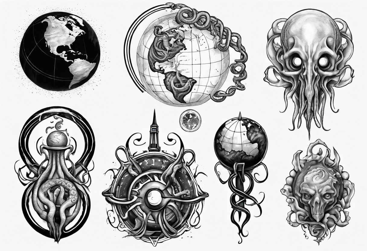 lovecraft myth tattoo for forearm tentacle +++ and little earth globe tattoo idea