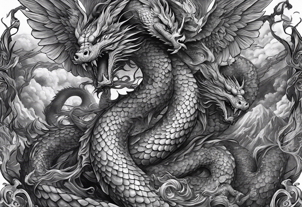 Full back piece depicting the war between angels above killing a demonic snake dragon below tattoo idea