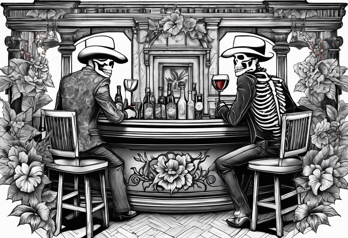 a bar scene with a skeleton couple with hibiscus flowers. western style tattoo idea