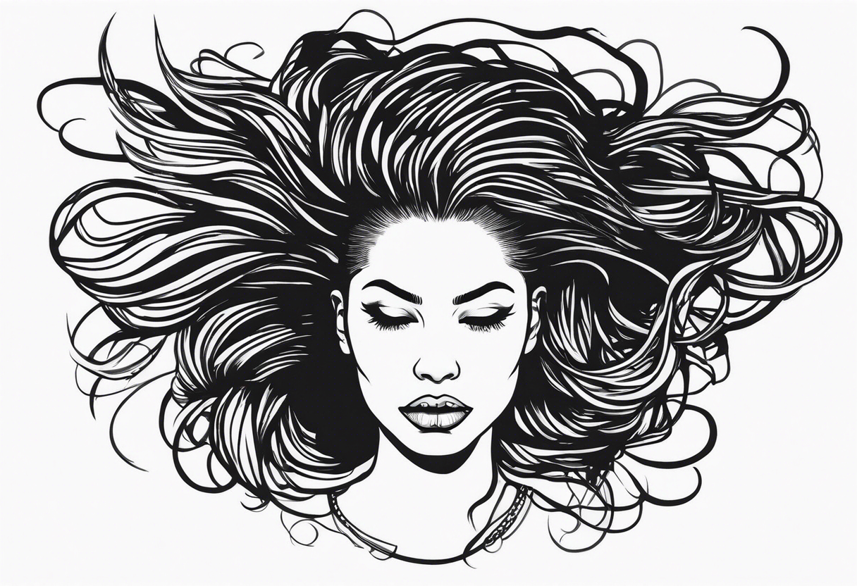 Draw a women head with real dread locks flying in the air, all hair should be to see tattoo idea