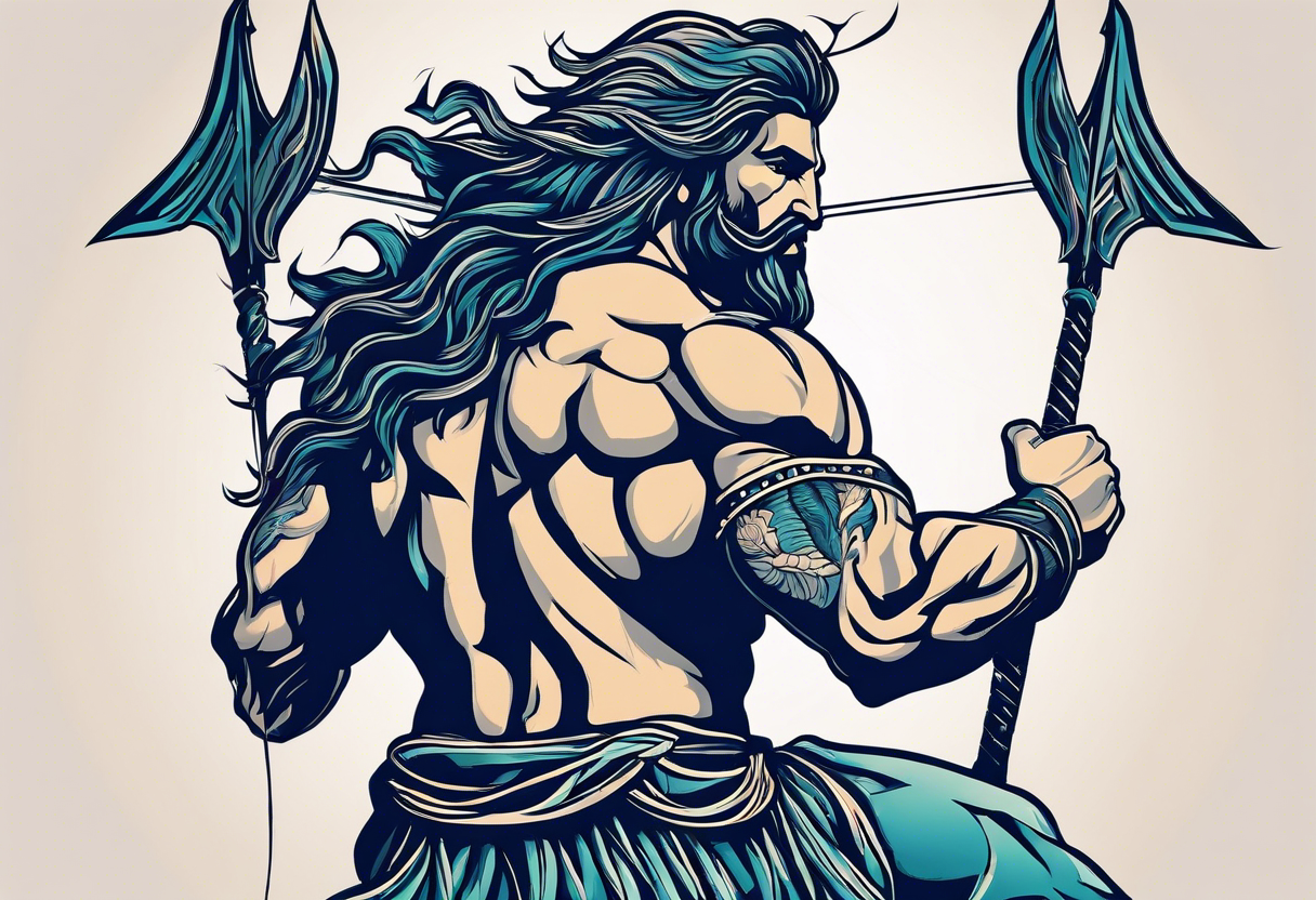 Poseidon with arrows in his back, full of anger and pain kneeling on his knee.
Make it look realistic, muscular and him masculine tattoo idea