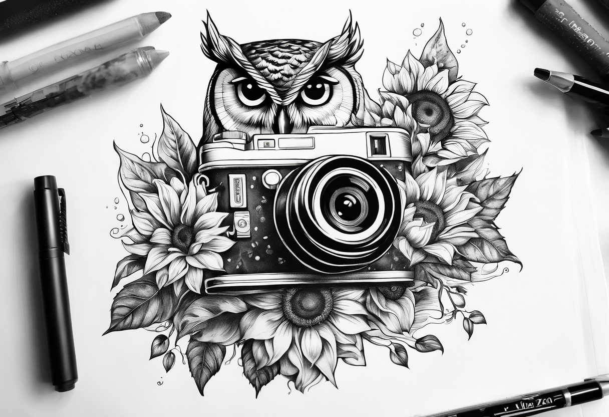 sunflower, camera, water wave, owl, book tattoo idea