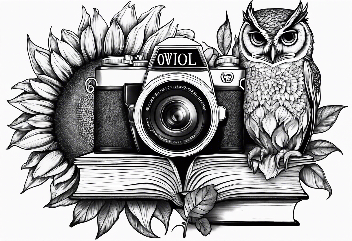 Sunflower, camera, book, peacock, owl tattoo idea