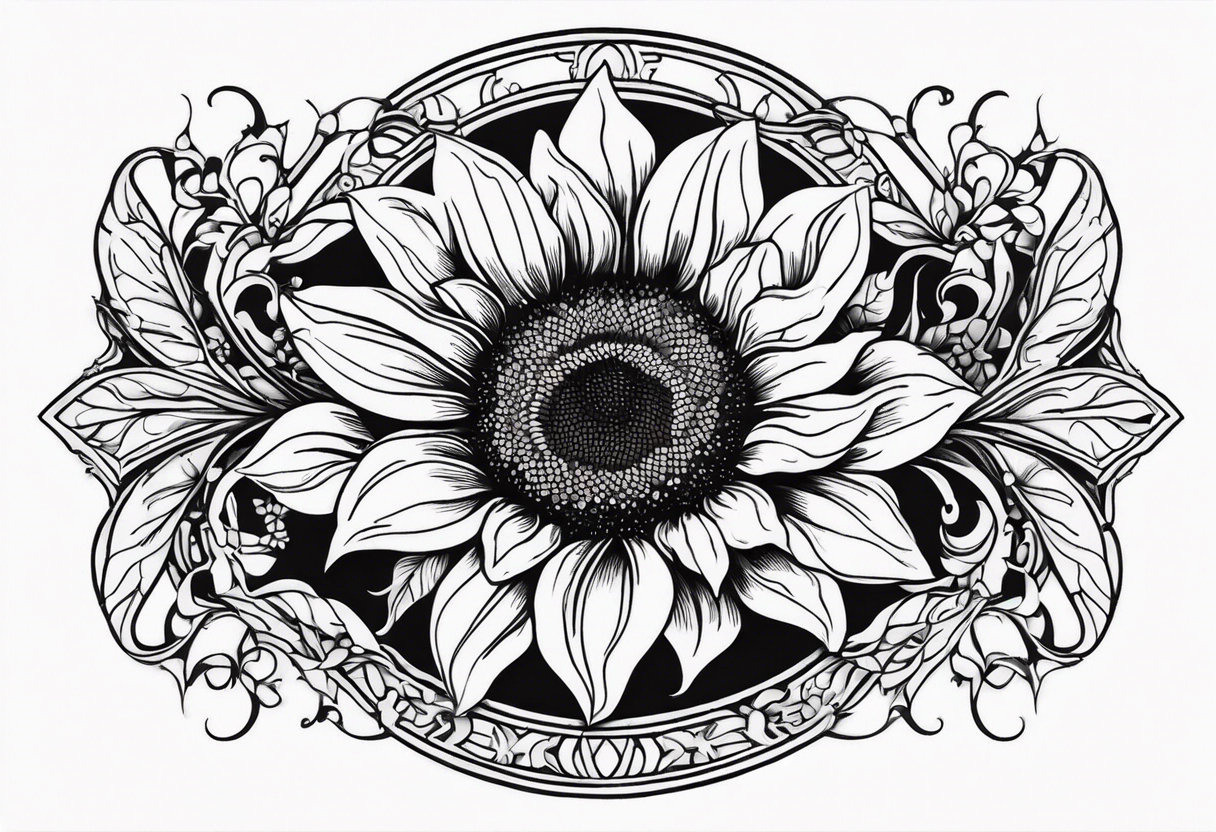 A steel horseshoe with a sunflower in the center tattoo idea