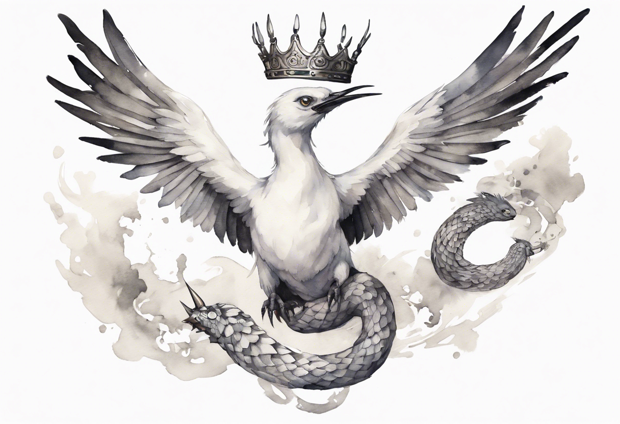 a white bird-serpent hybrid, wearing a pewter crown on its head, flying in the air tattoo idea