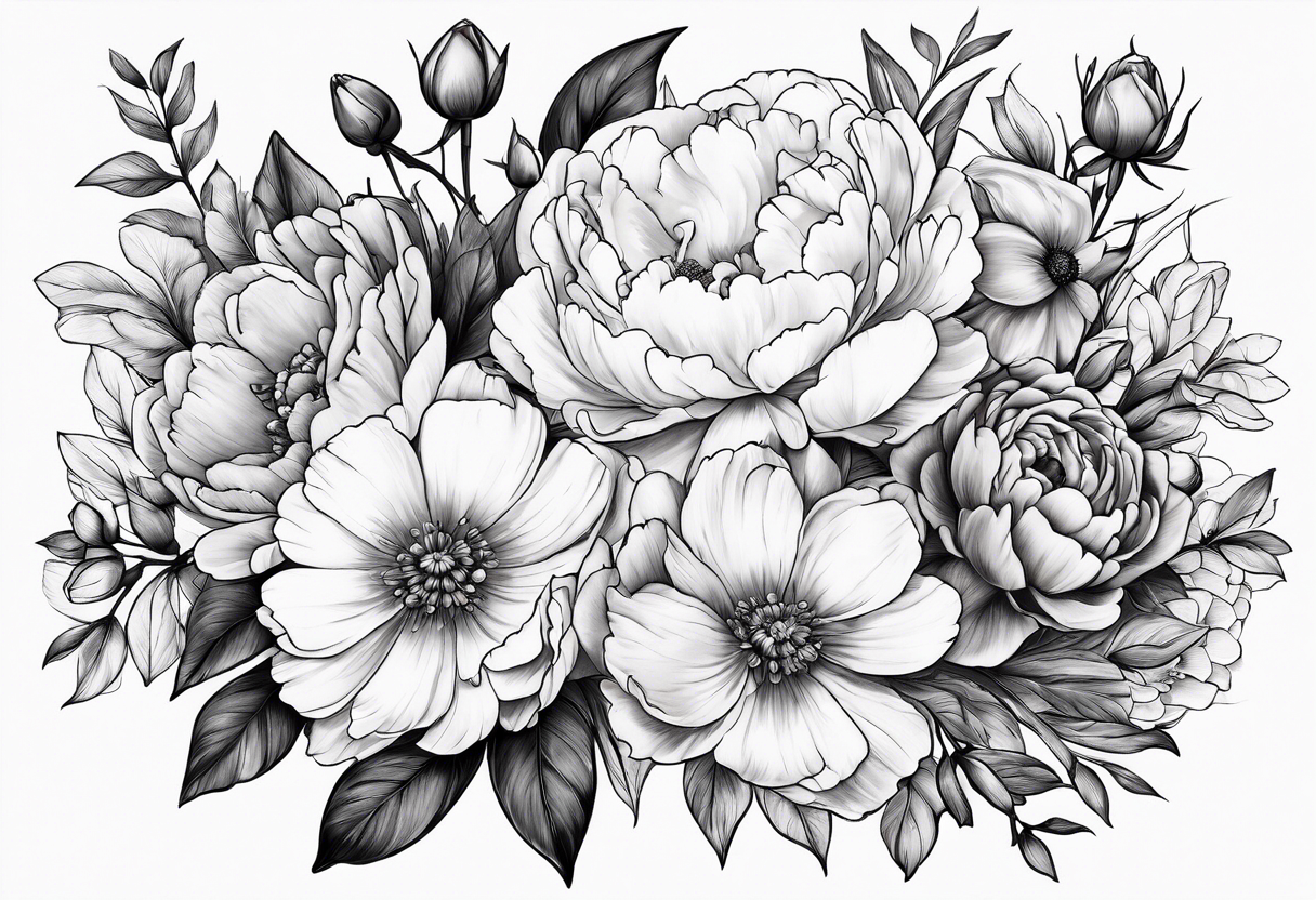 Bouquet, peonies, roses, daisies, forget me nots tattoo idea