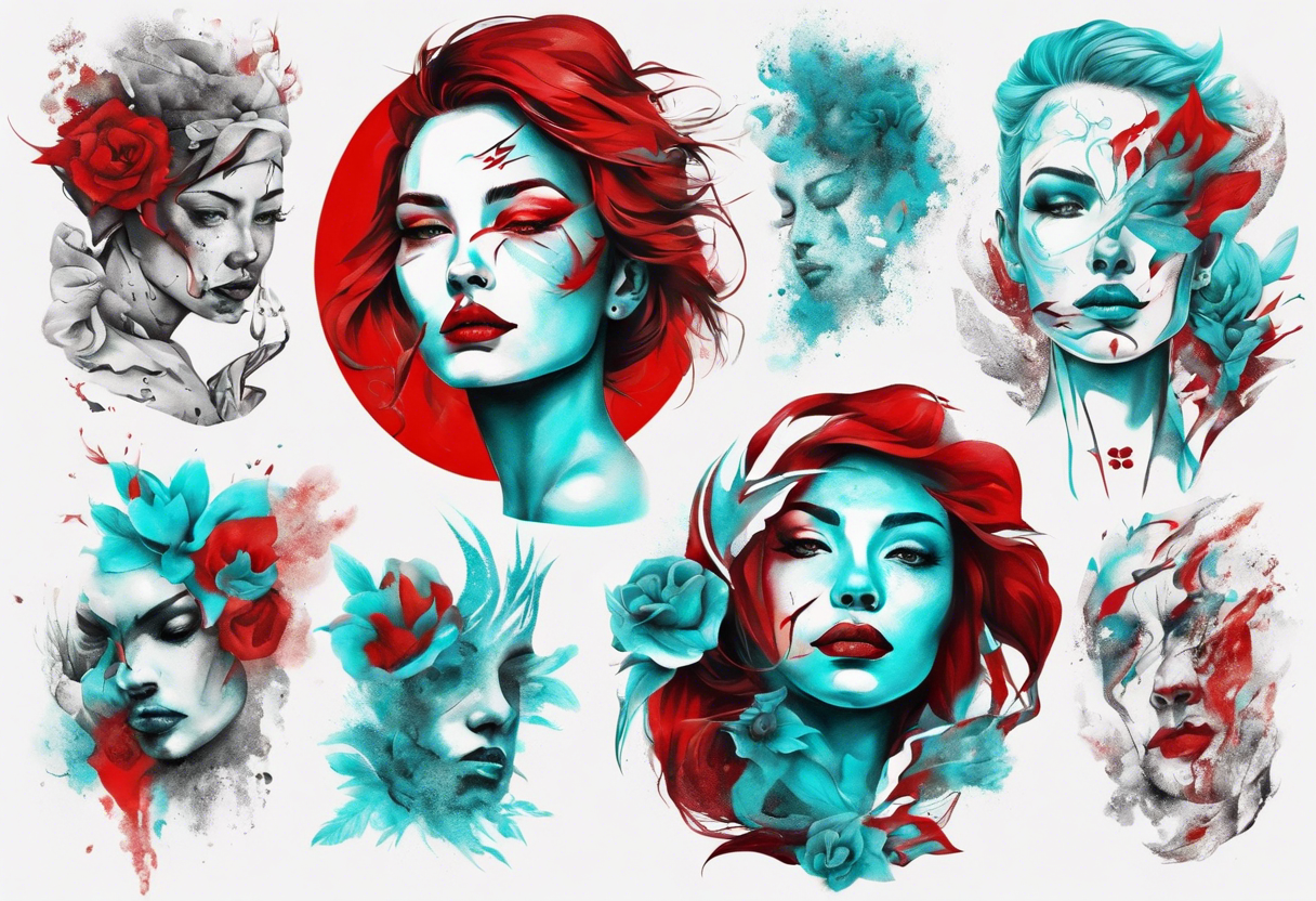 an art in the style of abstract portraits, textured pigment planes, red and cyan, stencil art, full white background, include seed tattoo idea