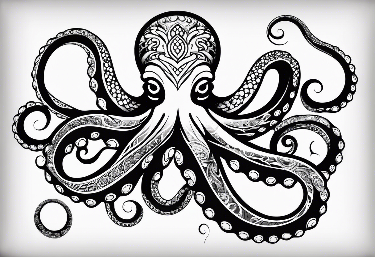 Hawaii tribal octopus with thick lines, less detail, and water waves tattoo idea