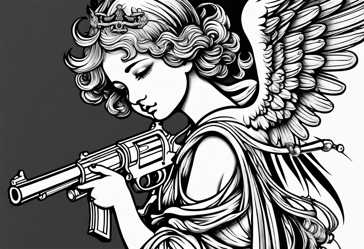 Cherub angel with a gun in the sky tattoo idea