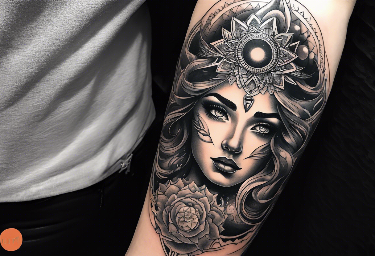 A surrealistic forarm sleeve tattoo featuring beautiful goddess’s face with glowing eyes creating the universe tattoo idea