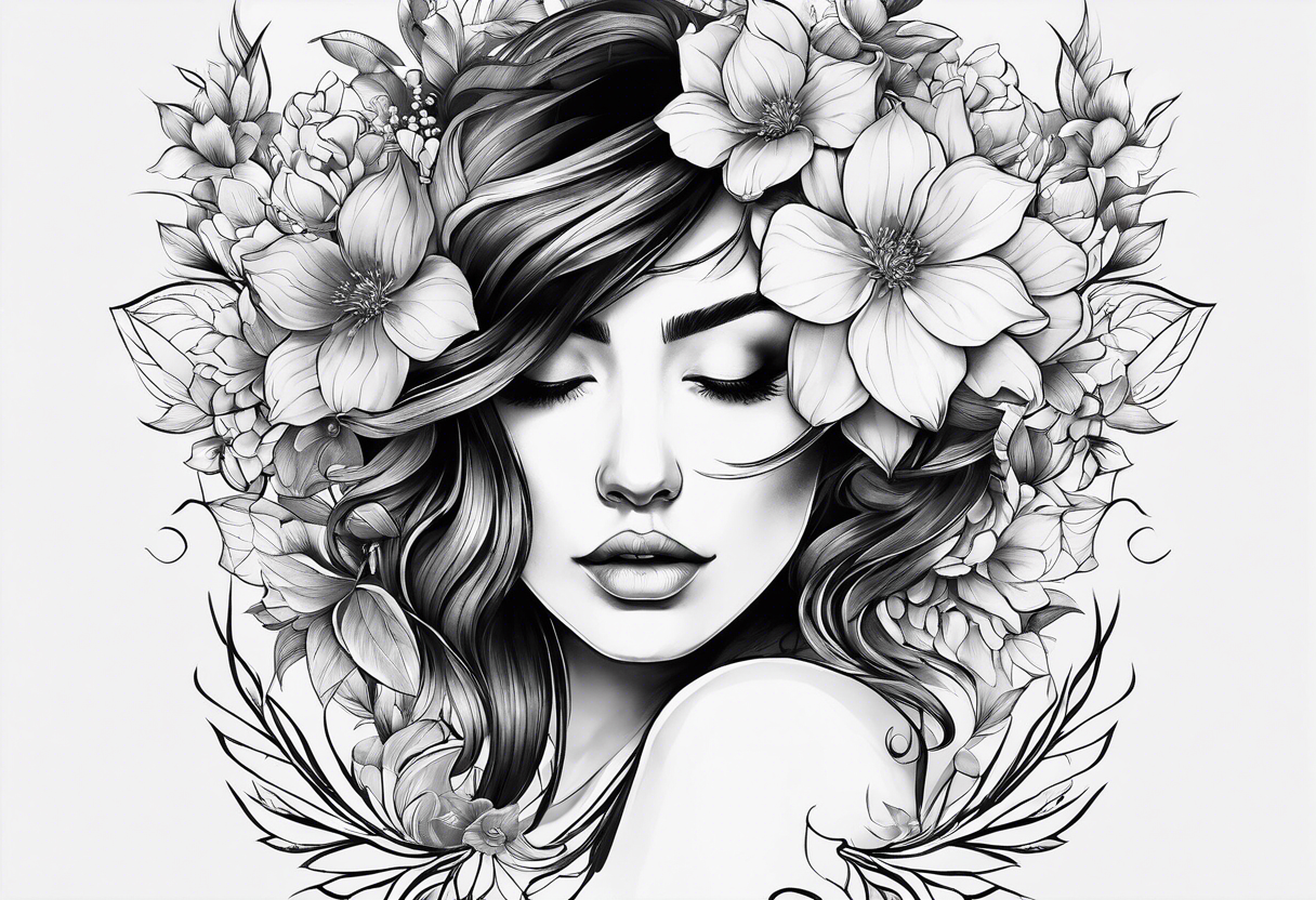 fine line tattoo with woman facing forward flowers covering her eyes and forehead with flowers growing out of her head tattoo idea