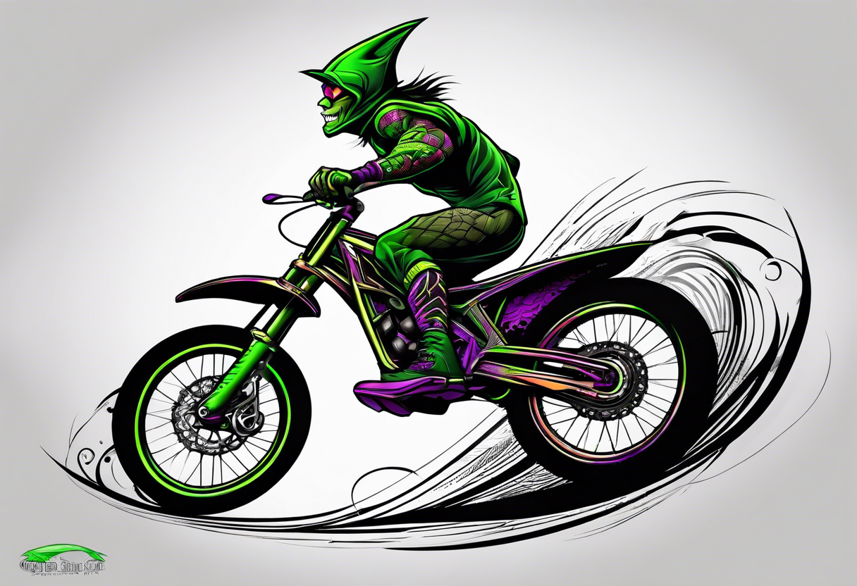 Green goblin riding a full suspension carbon fiber downhill mountain bike tattoo idea