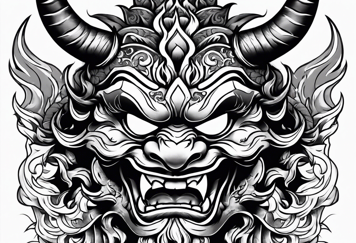 Oni mask with mouthful of flames tattoo idea