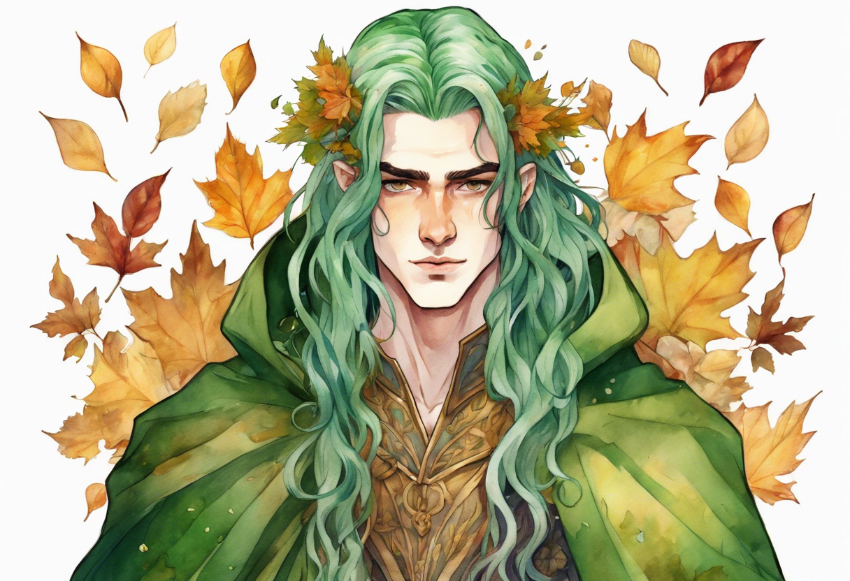 A tall, beautiful 19 year old man with autumn leaves in his long green hair, green skin. Wearing a golden medieval cloak covered with flowers. tattoo idea