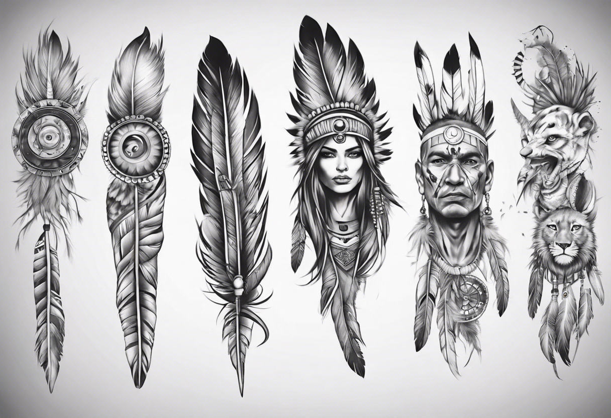 indian realistic leg sleeve with human face and feathers 
and maybe some animals evil looking tattoo idea