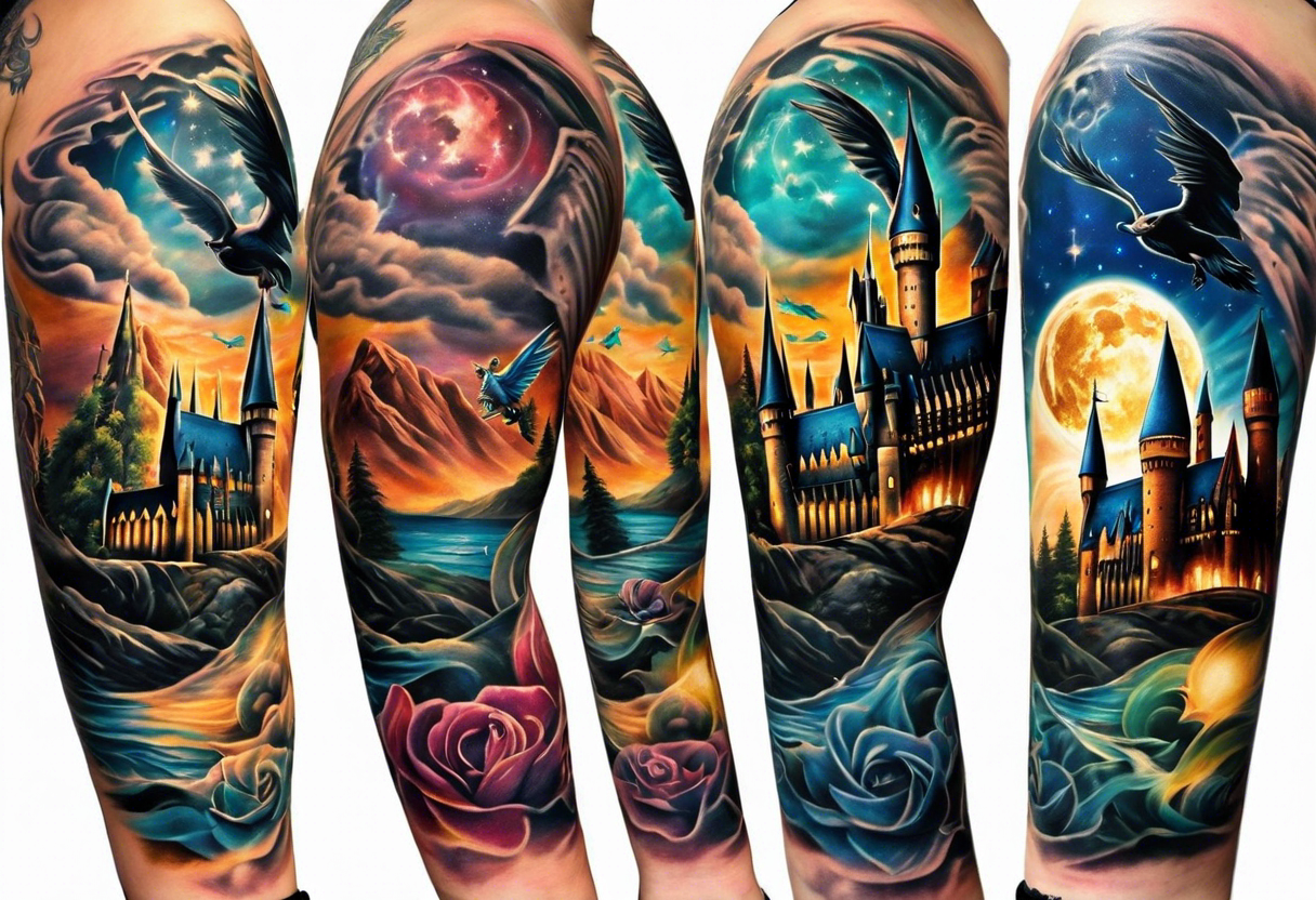 Harry Potter themed full sleeve. Include the Hogwarts castle, a golden snitch, the flying ford angler, the Ravenclaw house crest, and Luna Lovegood. tattoo idea