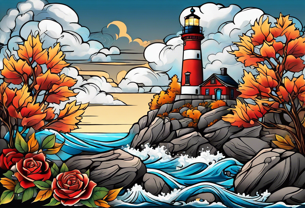 thigh tattoo in fall colors, showing lighthouse, water flow around rocks, sky, clouds, leaves, roses and no trees tattoo idea