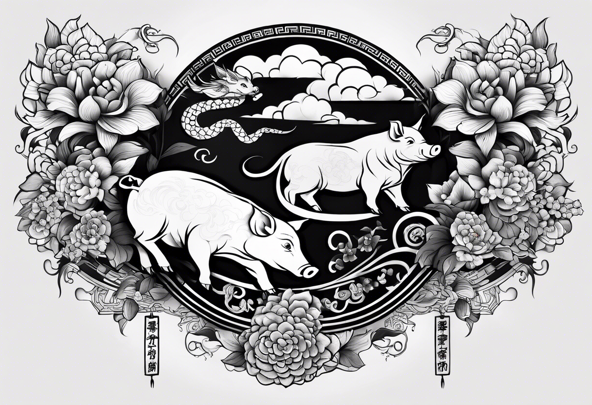 I want a tattoo of a pig, rat, snake, dog, and tiger all together representing the years my children were born in Chinese new years tattoo idea