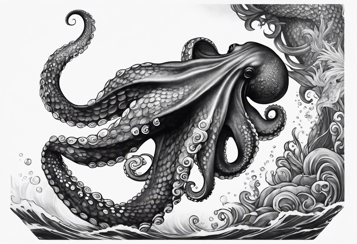 Octopus looking up at a mermaid in the ocean wrap around entire bottom of lower leg. tattoo idea