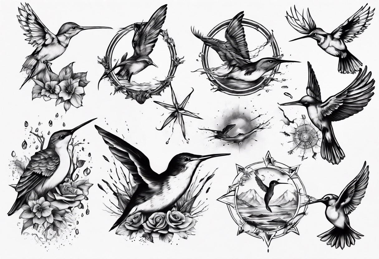 Wasser, Nymphe, Fisch, Hirsch, Wald, Waffe, Sonne, Kolibri tattoo idea