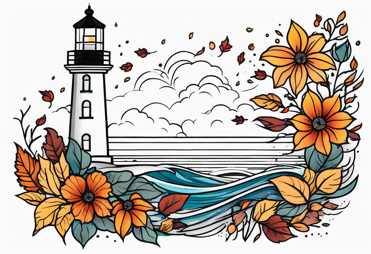 Arm sleeve with fall colors, various flowers, water flow, water splash, light house tattoo idea