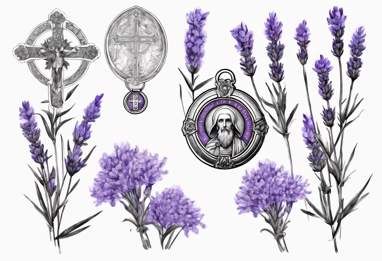 Double exposure of lavender flowers with the Saint Benedict medal, for a tattoo tattoo idea