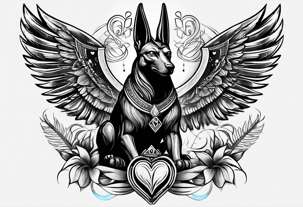 Egyptian style anubis god weighing the feather and the heart more realistic tattoo idea