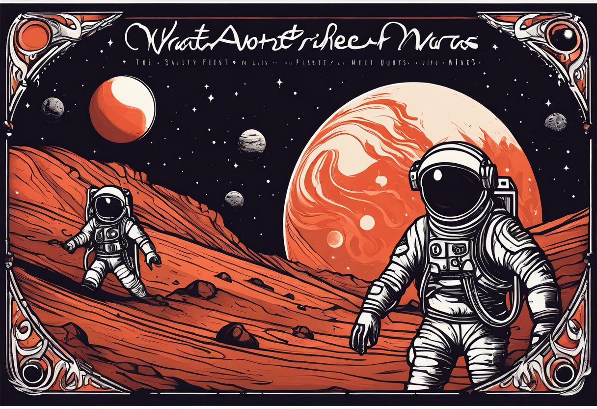 the planet mars with two stick figures holding hands on top of it, with the words "what's another night on mars, with friends like ours?" in a banner across tattoo idea