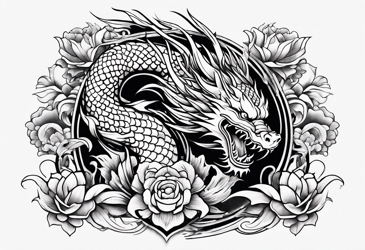 Tattoo representing strength and overcoming obstacles, featuring dragon and koi fish tattoo idea