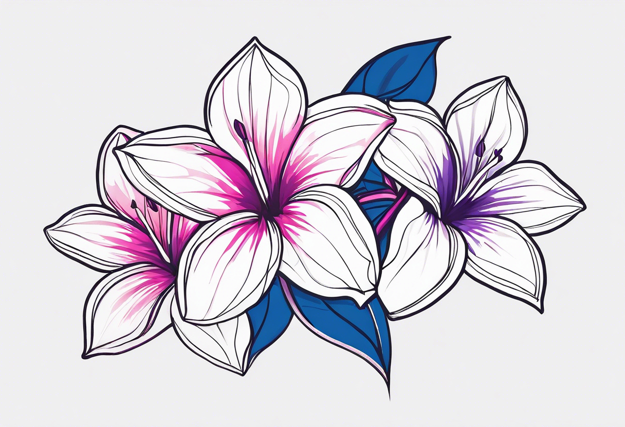 negative space linework mandevilla flowers over a brushstroke background of blue, pink and purple tattoo idea