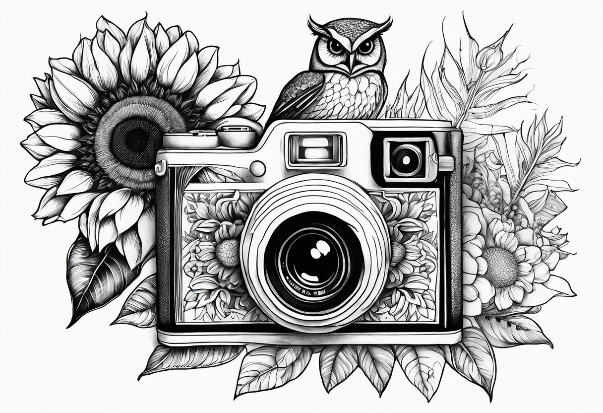 Sunflower, camera, book, peacock, owl tattoo idea