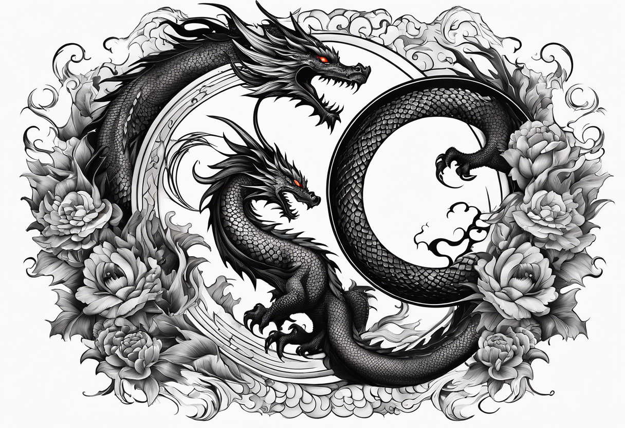 Dragon and phoenix fighting on a yin yang plate tattoo idea