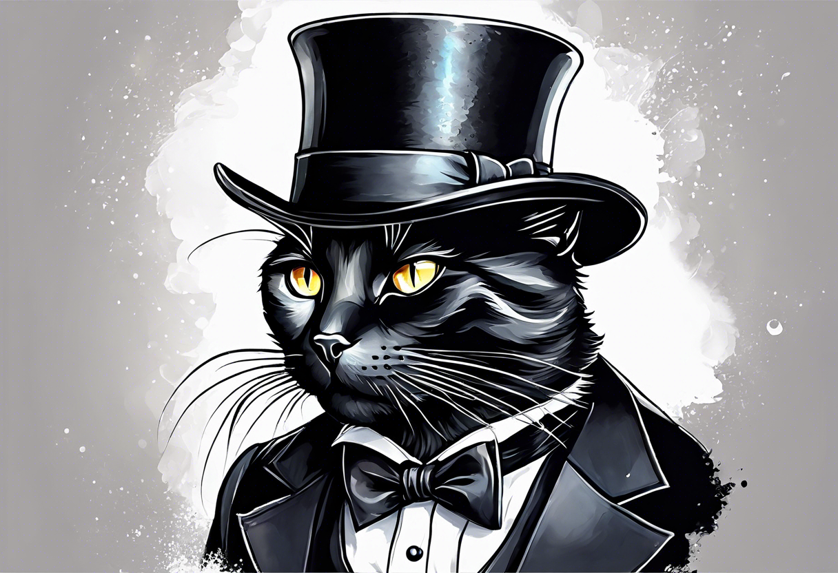 Black cat in a tuxedo, wearing a top hat and holding a cane tattoo idea