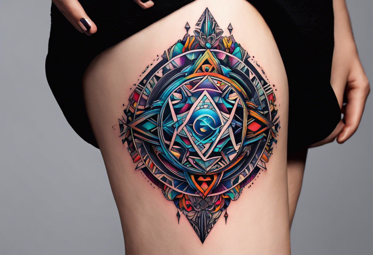 A tattoo design featuring geometric patterns and symbols inspired by psytrance and techno music, creating a unique and futuristic look. tattoo idea