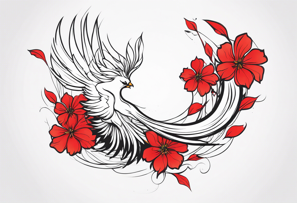 elongated phoenix in profile with claws holding red flowers falling tattoo idea