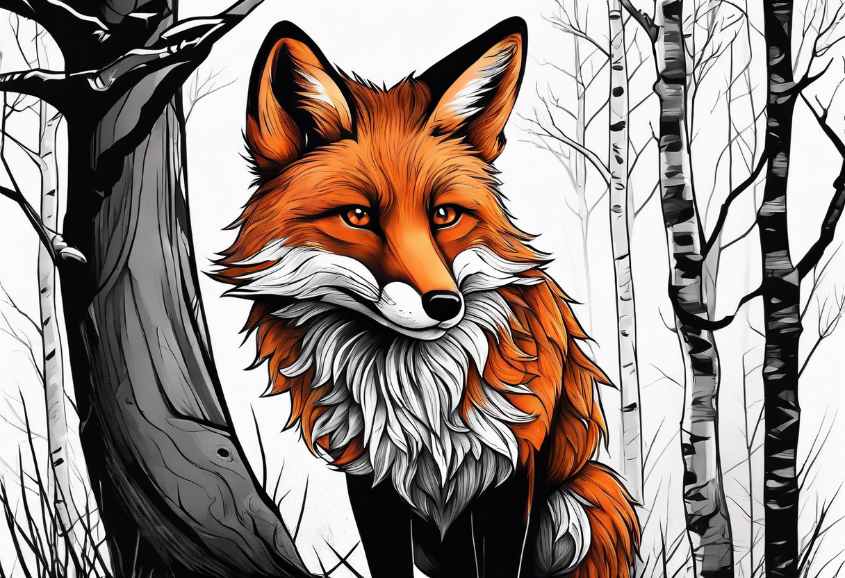 Creepy evil fox in birch woods tattoo idea