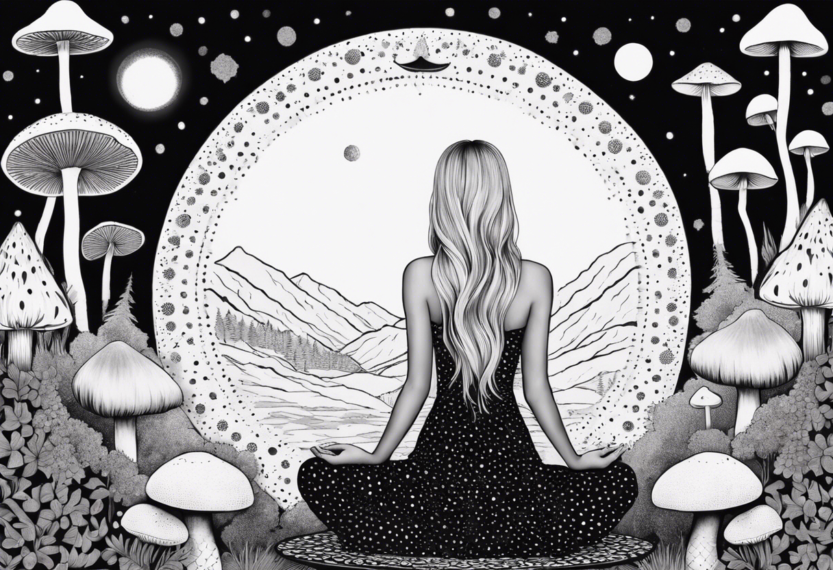 Straight blonde hair girl meditating facing away toward mountains surrounded by mushrooms crescent moon mandala circular design black and white striped dress tattoo idea