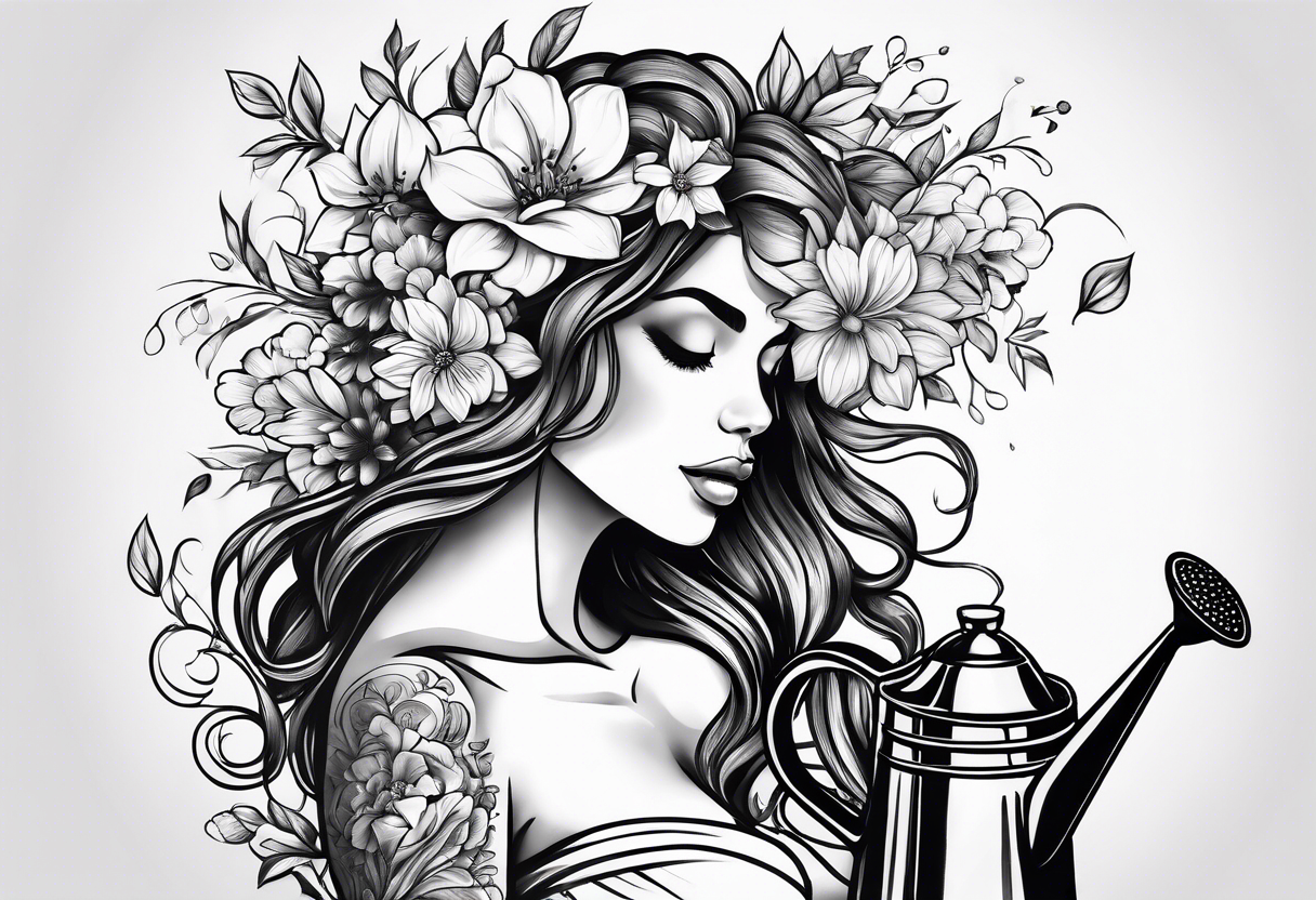 woman with flowers coming out of head with watering can in one hand watering her head with the other arm across her body holding her shoulder tattoo idea