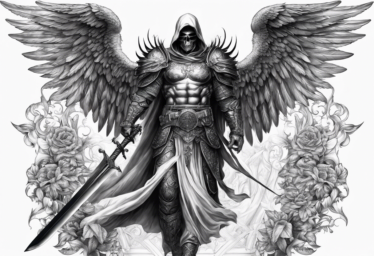 realistic full body of man angel of death, without face, with armour, holding sword in right hand tattoo idea