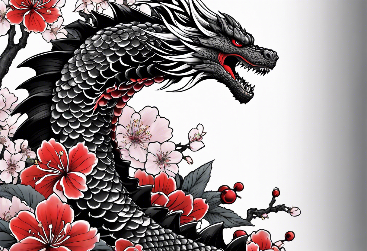 godzilla inspired dragon irezumi arm sleeve in black and red with water and lightning and cherry blossoms tattoo idea